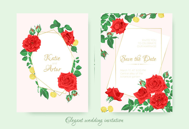 Wedding Invitation with Red Roses and Leaves. - Vector, Image