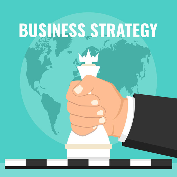Businessman holding chess figure in hand, business strategy concept. - Vector, Image