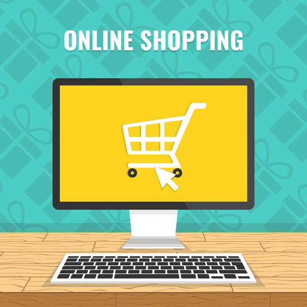 Online shopping concept with computer and goods on screen - Διάνυσμα, εικόνα