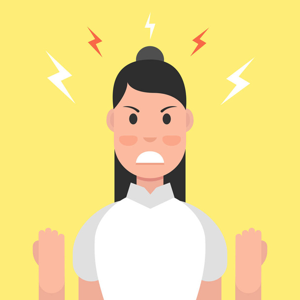 Angry woman with fists, character with emotional face. - Vector, Image