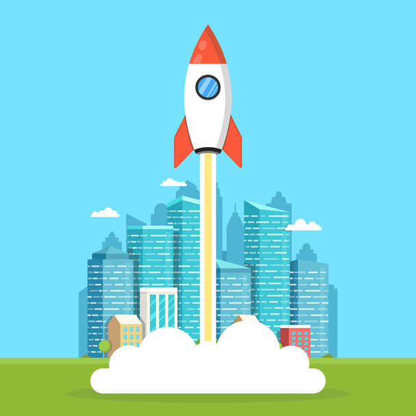 Flying rocket on background with modern high-rises buildings, startup concept. - Vector, Image