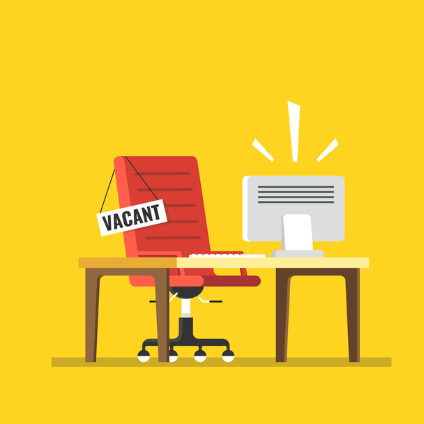 Workplace with red armchair, table, computer and vacant sign on yellow background. - Vetor, Imagem