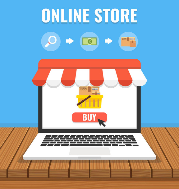 Online áruház koncepció laptop és áruk monitoron - Vektor, kép