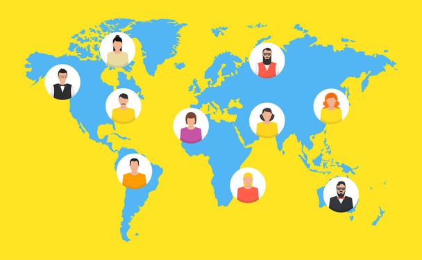 Concepto de trabajo en equipo con iconos de personas en el mapa mundial
 - Vector, imagen