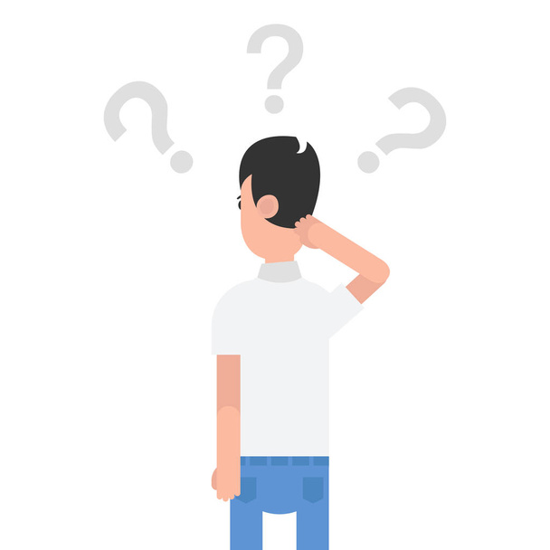 Rear view of man scratching head with question marks on white background - Vector, Image