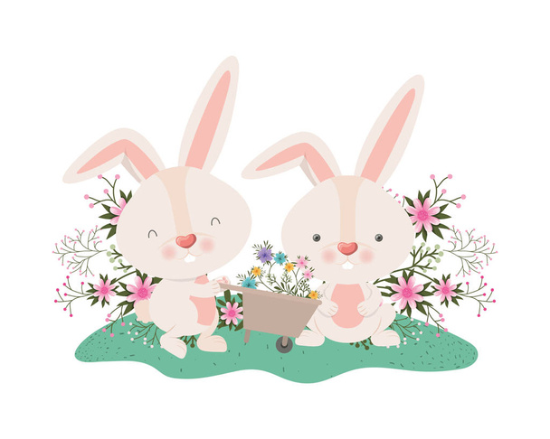 bunnies with wheelbarrow and flowers isolated icon - Vector, Image