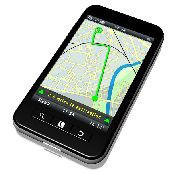 3D obrázek. Chytrý telefon s navigační systém aplikace. Mapy a automapy - Fotografie, Obrázek