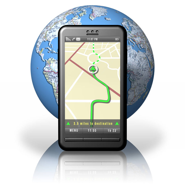 Illustrazione 3D. Smartphone con applicazione sistema di navigazione. Mappe e carte stradali
 - Foto, immagini