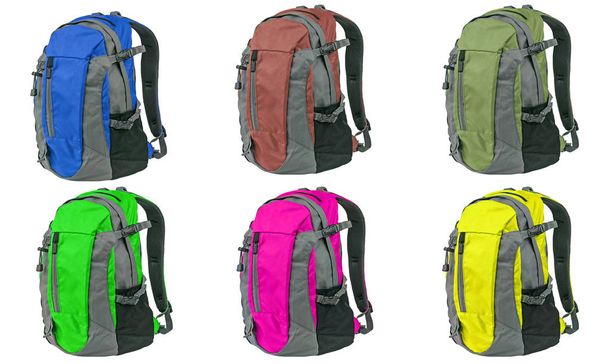 Beyaz arka plan üzerinde izole farklı renkli sırt çantası - Fotoğraf, Görsel