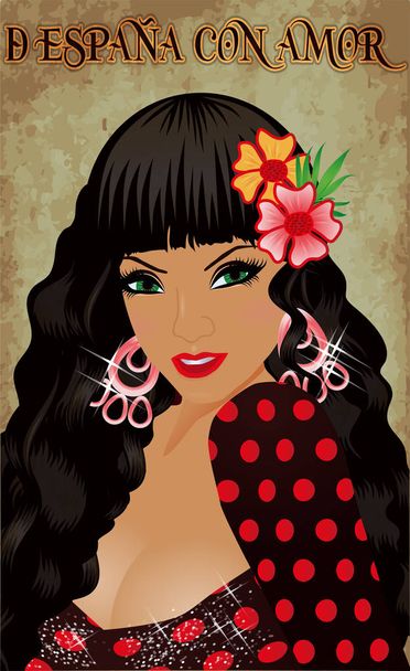 Flamenco.Translation Spanyolország a szeretet. Elegáns spanyol lány. Fesztivál kártya. vektoros illusztráció - Vektor, kép