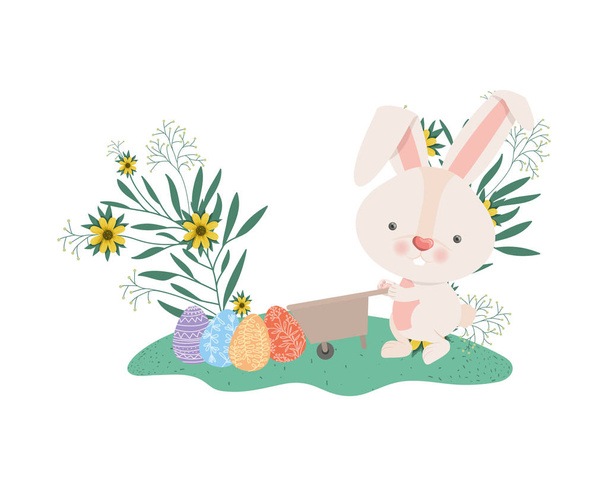 rabbits with wheelbarrow and easter eggs icon - Vector, Image