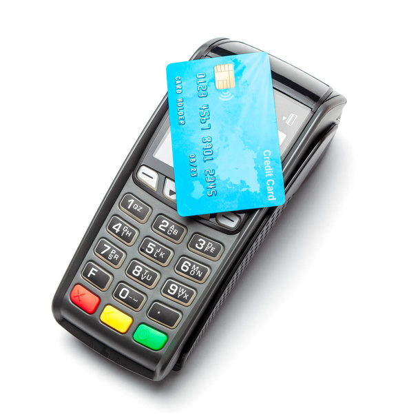 POS τερματικό, μηχανή πληρωμής με πιστωτική κάρτα που απομονώνονται σε λευκό φόντο. Ανέπαφων πληρωμών με την τεχνολογία Nfc. - Φωτογραφία, εικόνα