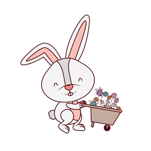 bunny with wheelbarrow and flowers isolated icon - Vector, Image