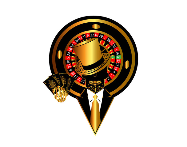 Ιστορικό λογότυπου καζίνο με κρανίο στο σμόκιν και τροχό της ρουλέτας, καρτουν - Διάνυσμα, εικόνα
