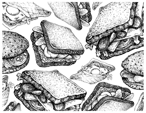 Illustration Croquis dessiné à la main Fond d'écran de divers délicieux sandwichs fraîchement grillés isolés sur fond blanc
. - Vecteur, image