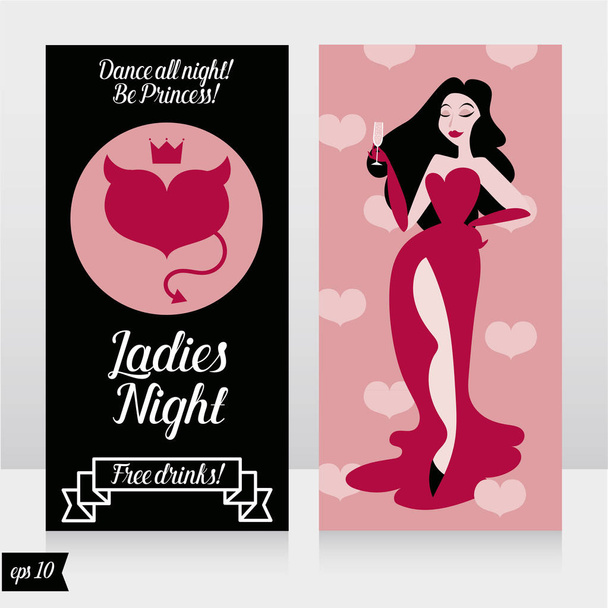 Dois cartões para a festa da noite das senhoras com glamour mulher bebendo champanhe, pode ser usado para o dia dos namorados, ilustração vetorial
 - Vetor, Imagem