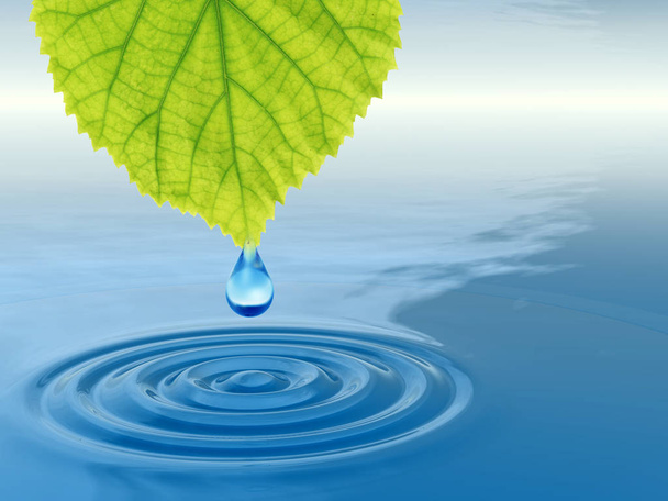 Konzept oder konzeptionelle sauberes Quellwasser oder Tautropfen fallen von einem grünen frischen Blatt auf 3D-Abbildung blaues klares Wasser macht Wellen - Foto, Bild