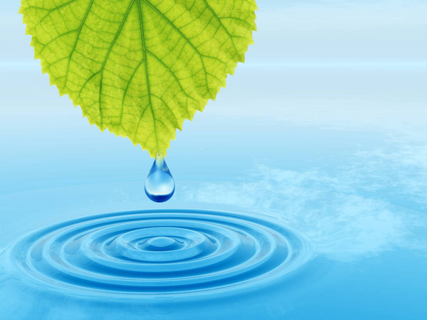 Conceito ou conceitual água de nascente limpa ou gota de orvalho caindo de uma folha fresca verde na ilustração 3D água clara azul fazendo ondas
 - Foto, Imagem