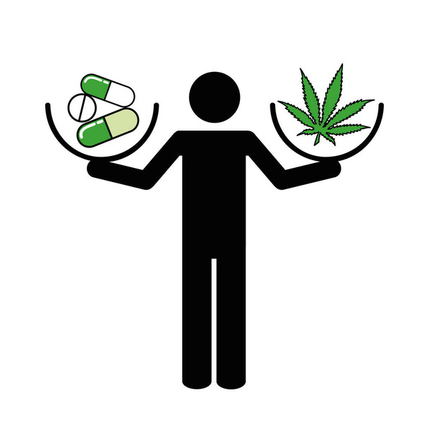 man holds tablets in one hand and cannabis in the other hand pictogram - Vector, Image