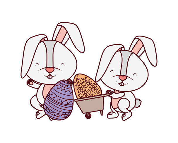 bunnies with wheelbarrow and easter eggs icon - Vector, Image