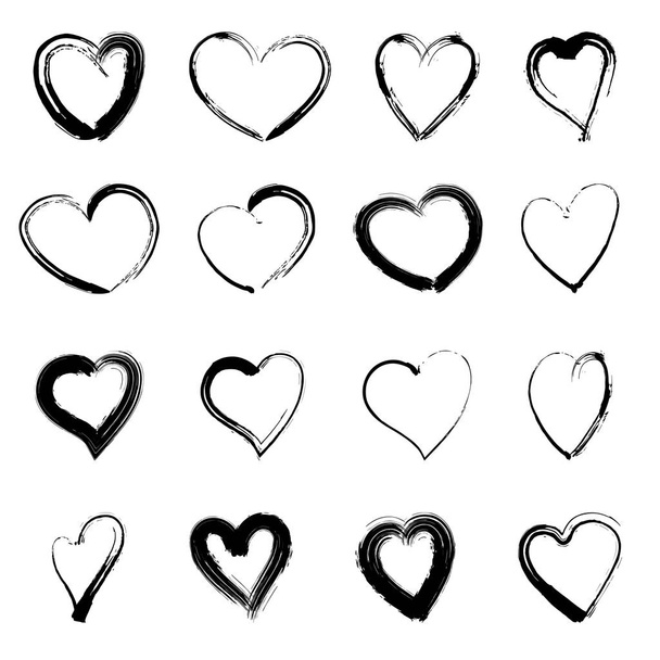 Vector 16 Grunge Heart Collection. Hand drawn. Grunge dry brush style.  - Vector, Image