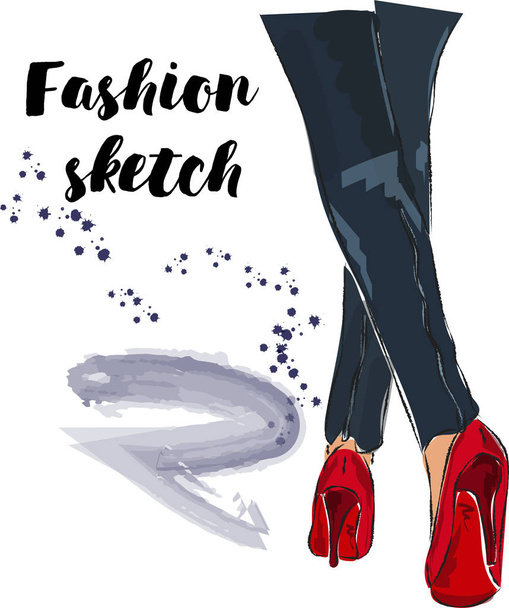 Cute hand drawn legs in red court shoes. Fashion accessories. Sketch - Διάνυσμα, εικόνα