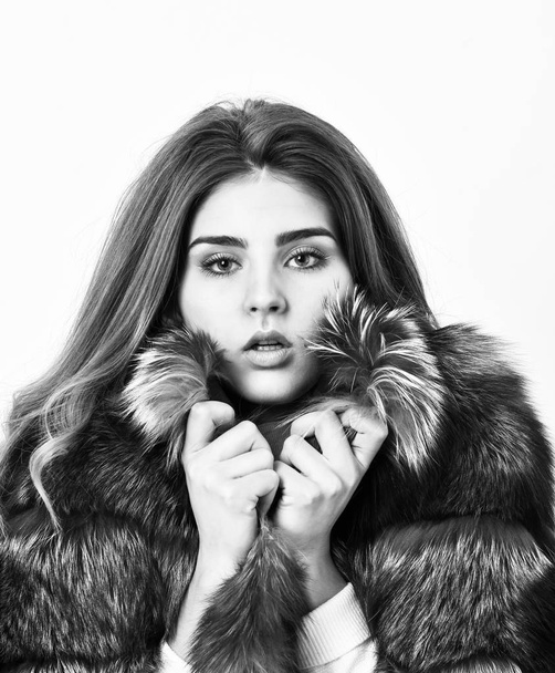 Woman makeup and hairstyle posing mink or sable fur coat. Winter elite luxury clothes. Female brown fur coat. Fur store model enjoy warm in soft fluffy coat with collar. Fur fashion concept - Foto, afbeelding