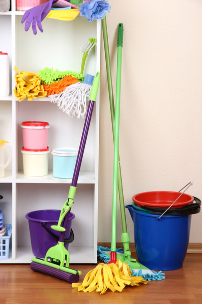 Shelves in pantry with cleaners for home close-up - Fotografie, Obrázek