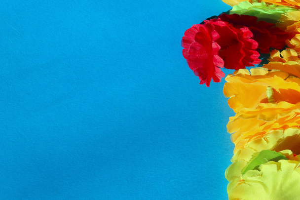 Kukka-Garland. Intialaisia hääkukkia, Diwali Marigold. Tyypillinen intialainen koristelu valmistettu muovista kukkia. Abstrakti värikäs tausta. Eläviä kukkia yli sininen tausta
. - Valokuva, kuva