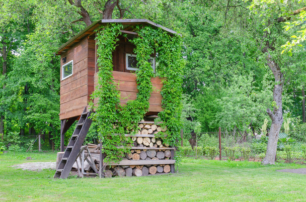 деревянный дом на дереве в саду
 - Фото, изображение