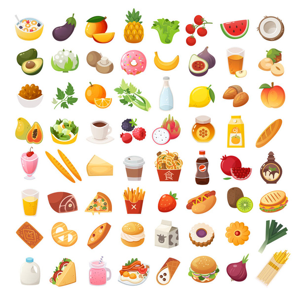 Food ingredients and dishes icons - Vector, Image