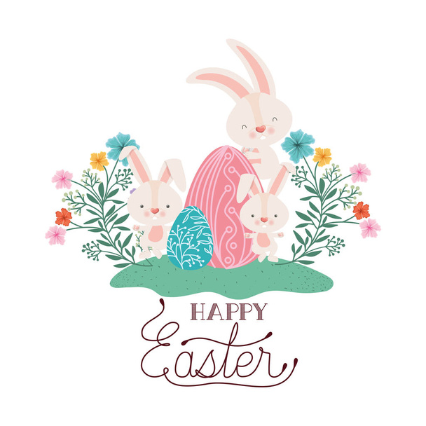 卵と花のアイコンとハッピー イースターのラベル - ベクター画像