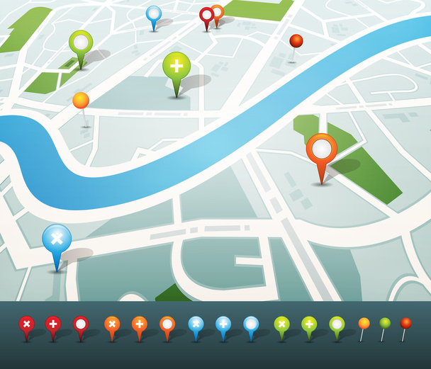 Mappa stradale con le icone dei pin GPS
 - Vettoriali, immagini