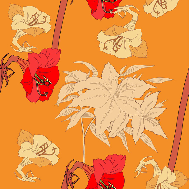 Seamless pattern  with amaryllis and  lilies flowers - Vettoriali, immagini