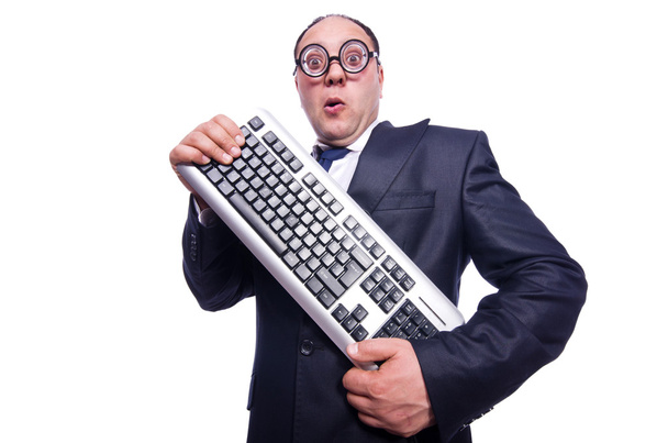 nerd επιχειρηματίας με το πληκτρολόγιο του υπολογιστή σε λευκό - Φωτογραφία, εικόνα