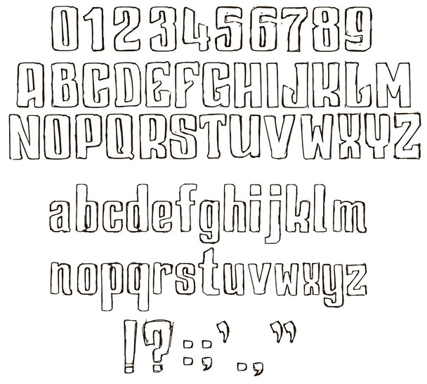 Μαύρο και άσπρο Handrawn γραμματοσειρά. Κινούμενα σχέδια στυλ. Διάνυσμα αλφάβητο, αριθμούς και σύμβολα. Απομονωμένα σε λευκό φόντο. Vol. 2 - Διάνυσμα, εικόνα