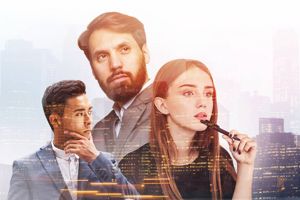 Confident bearded manager, thoughtful Asian businessman and pensive young businesswoman over night cityscape background. Toned image double exposure - Foto, Bild