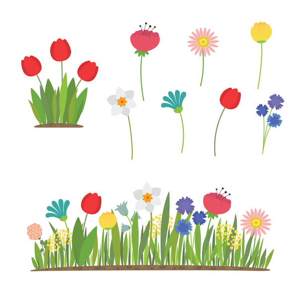 Kevään kukkia kasvaa puutarhassa. tulppaanit, narsissit ja muut kukat
 - Vektori, kuva