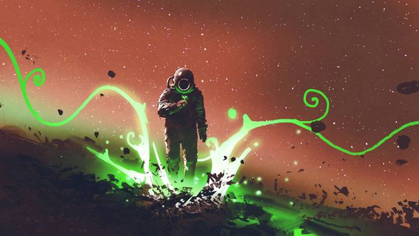 uzay adamı gizemli bitkiler yeşil ışık, dijital sanat tarzı, resim illüstrasyon arıyor - Fotoğraf, Görsel