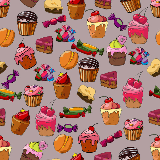 seamless sweet pastries pattern isolated on brown background. - Vector, Image