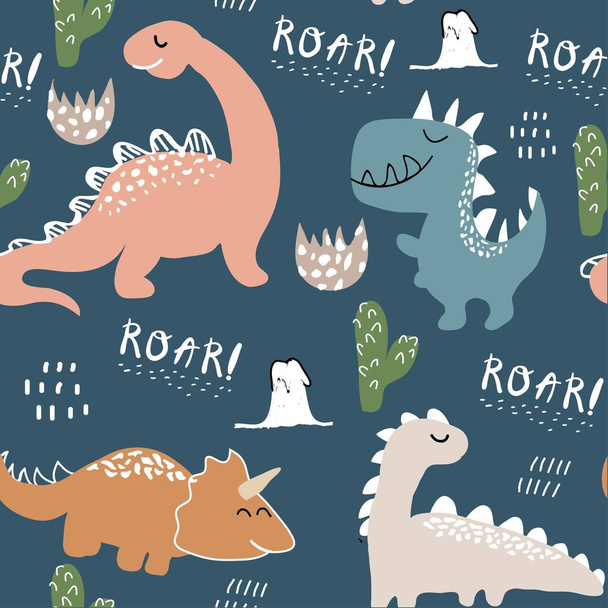 childish dinosaur seamless pattern for fashion clothes, fabric, t shirts. hand drawn vector with lettering. - Vector, Image