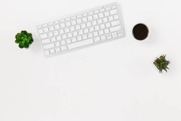 Computer keyboard coffee cup and succulent flower isolated on white textured background. Top view with copy space. Flat lay. - 写真・画像