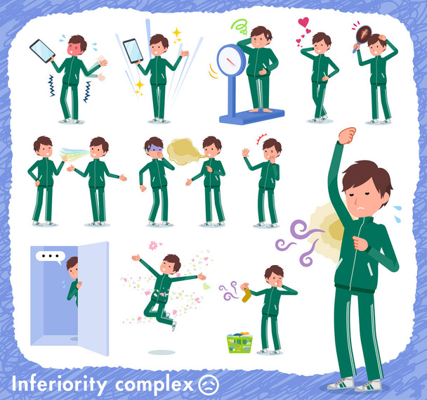 A set of school boy in sportswear on inferiority complex.There are actions suffering from smell and appearance.It's vector art so it's easy to edit. - Vector, Image