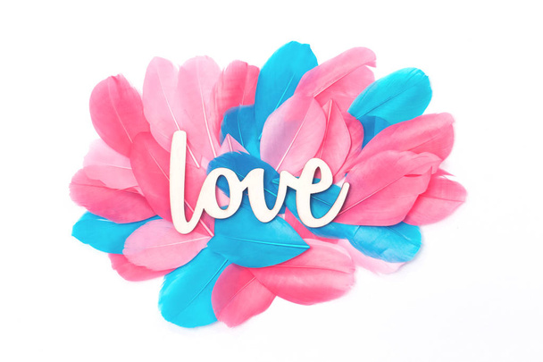 Creative layout with pink and blue feathers, love word isolated. St Valentines or women's Day, anniversary concept. Flat lay. - Foto, Imagem