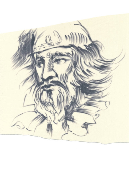 Vintage portrait, head, of an man. An hand drawn illustration, indian ink technique, on light yellow fabric. - Fotoğraf, Görsel