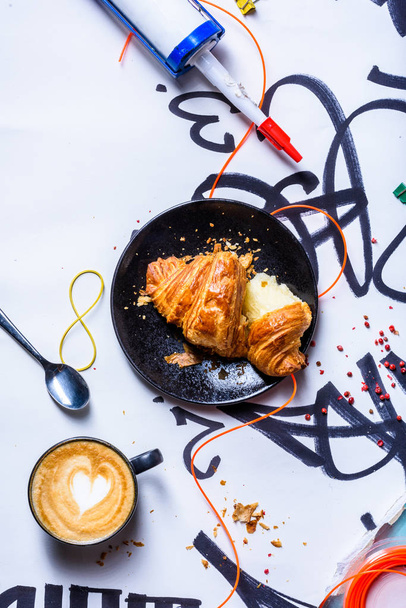 Freshly baked croissant with coffee  for breakfast. Messy style background. Top view, copy space.The Art of food. - Fotoğraf, Görsel
