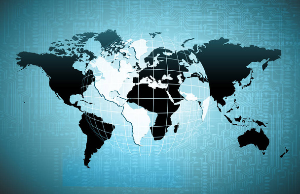Carte du monde sur un fond technologique, lignes lumineuses symboles de l'Internet, radio, télévision, communications mobiles et par satellite
. - Photo, image