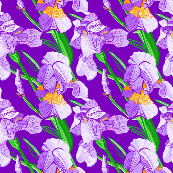 Floral pattern with iris flowers. Seamless vector pattern with colorful iris flowers. - Διάνυσμα, εικόνα