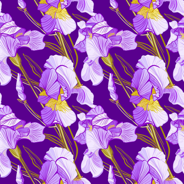 Floral pattern with iris flowers. Seamless vector pattern with colorful iris flowers. - Vector, imagen