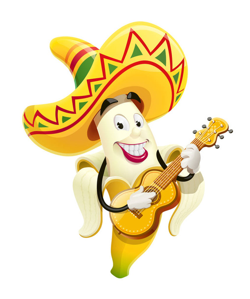Ripe banana with guitar. Tropical fruit. Cinco de Mayo Mexico. - Вектор,изображение